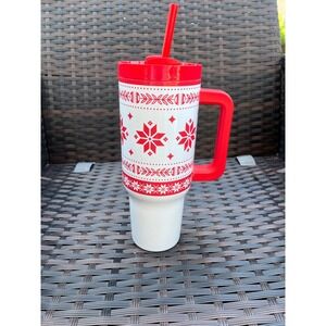 Sleigh Bell Bistro Red White Holiday 40oz‎ Tumbler w/ Straw Christmas Decor